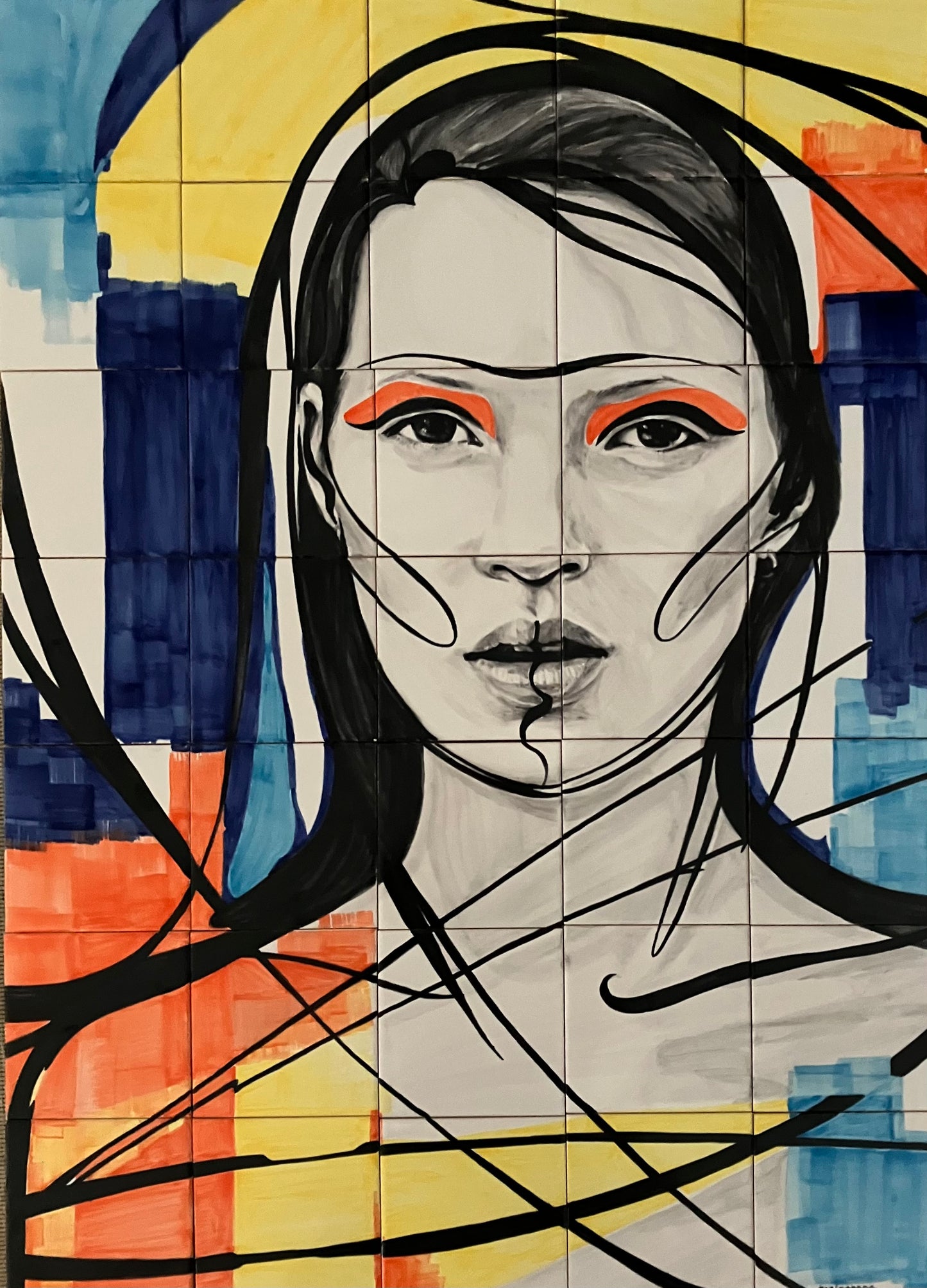 Hand Painted Tile Mural "Ela". A set of 35 Glazed Ceramic Tiles.