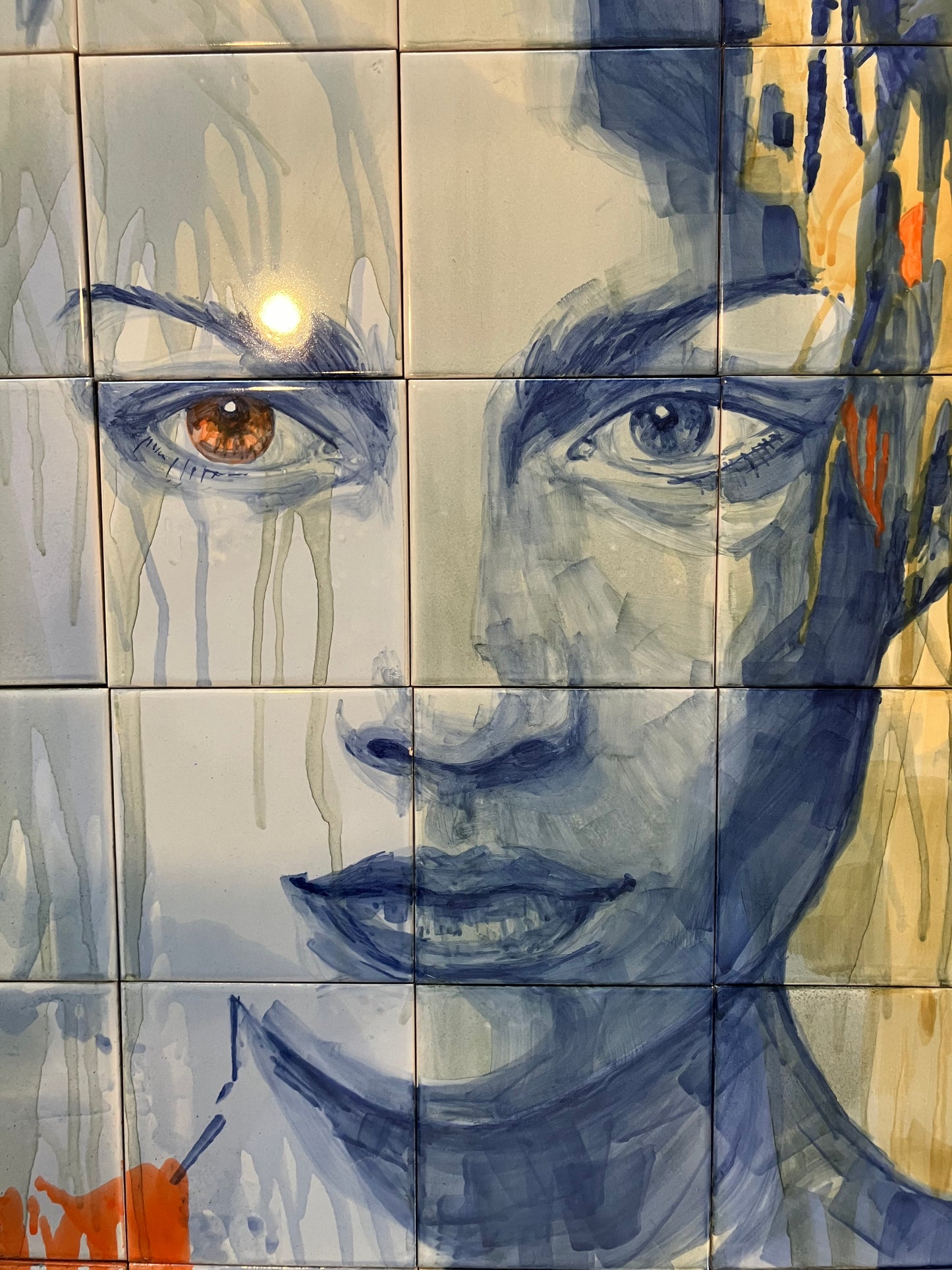 "Sunset". Hand Painted Tile Mural. A set of 30 Glazed Ceramic Tiles.