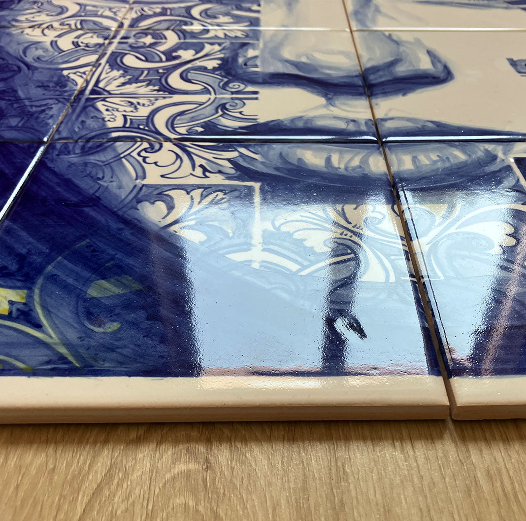 Hand painted tile mural "Portuguesa". Set of 16 glazed ceramic tiles.