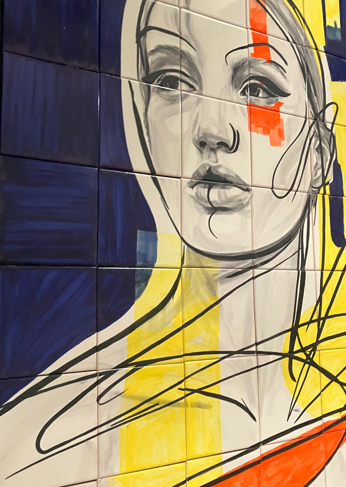 Hand Painted Tile Mural "Space Angel". Set of 35 Glazed Ceramic Tiles.