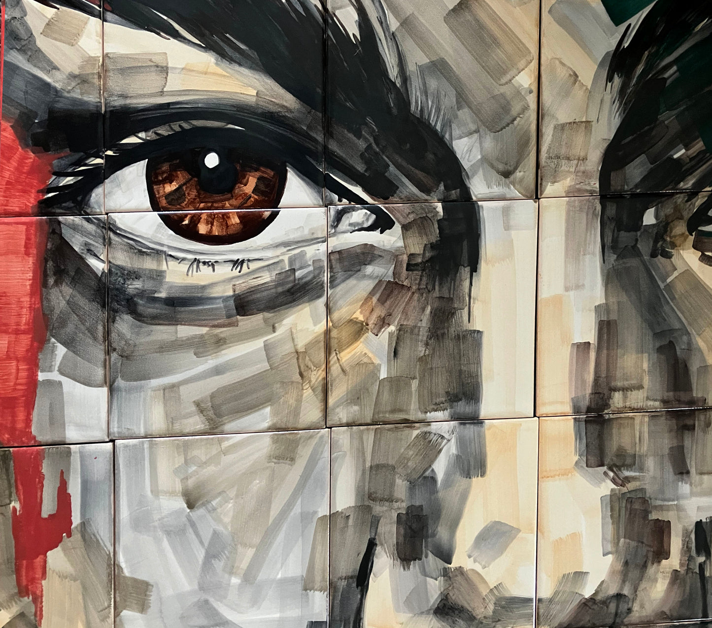 Hand Painted Tile Mural "I'll Think on It". Set of 30 Glazed Ceramic Tiles.