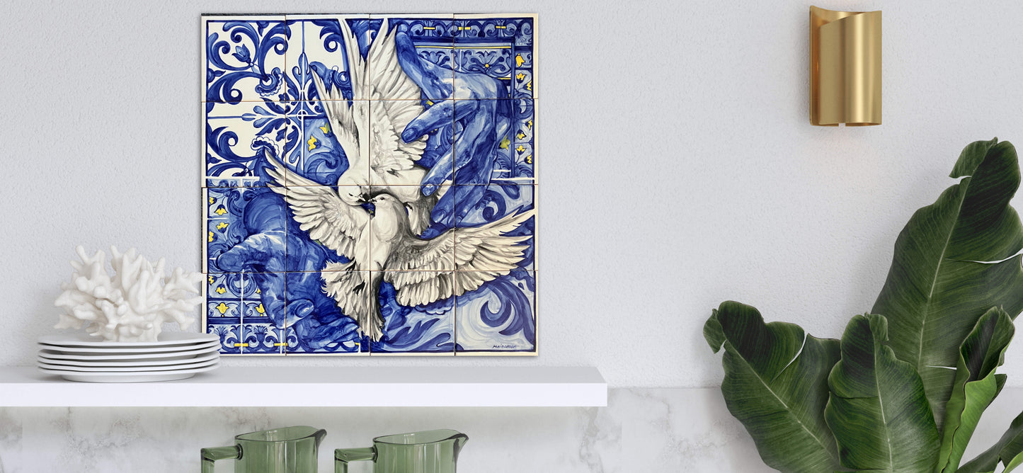 Hand painted tile mural "Doves". A Set of 49 glazed ceramic tiles.