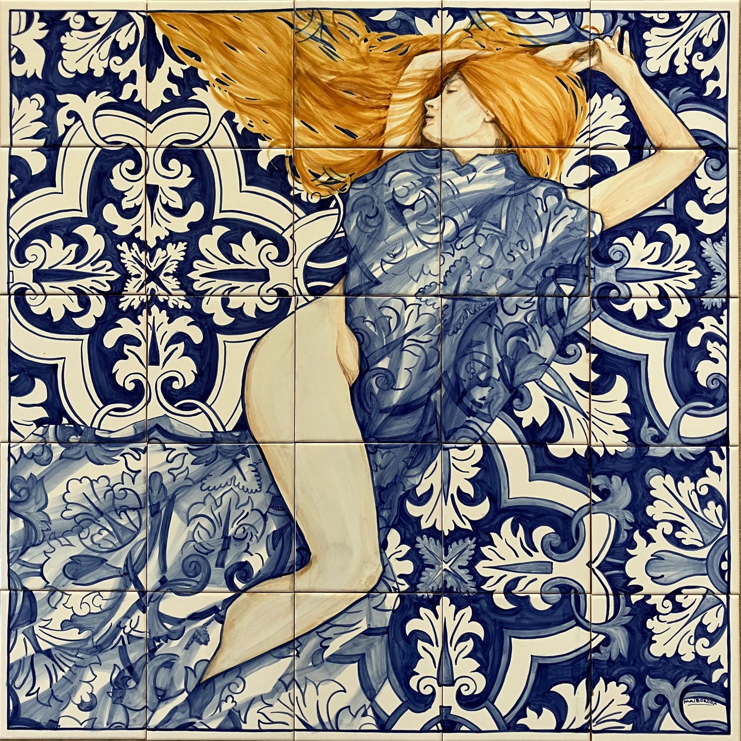 Hand painted tile mural "Waking up in Lisbon". Set of 25 glazed ceramic tiles.