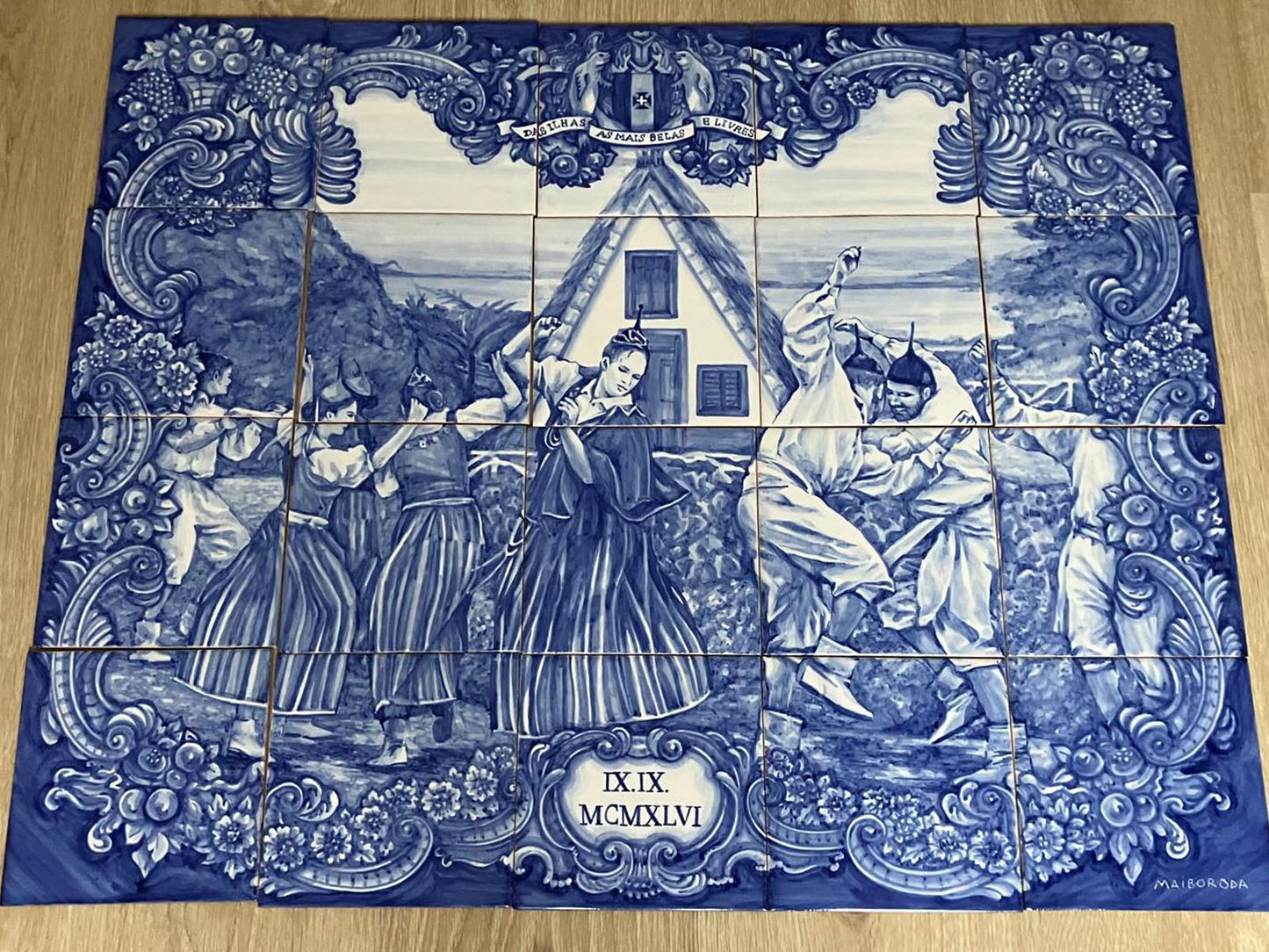 Hand painted tile mural "Madeira". A Set of 30 glazed ceramic tiles.