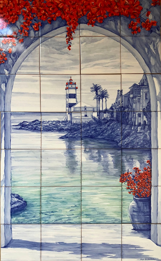 Hand painted tile mural "Farol". A Set of 28 glazed ceramic tiles. Balcony project