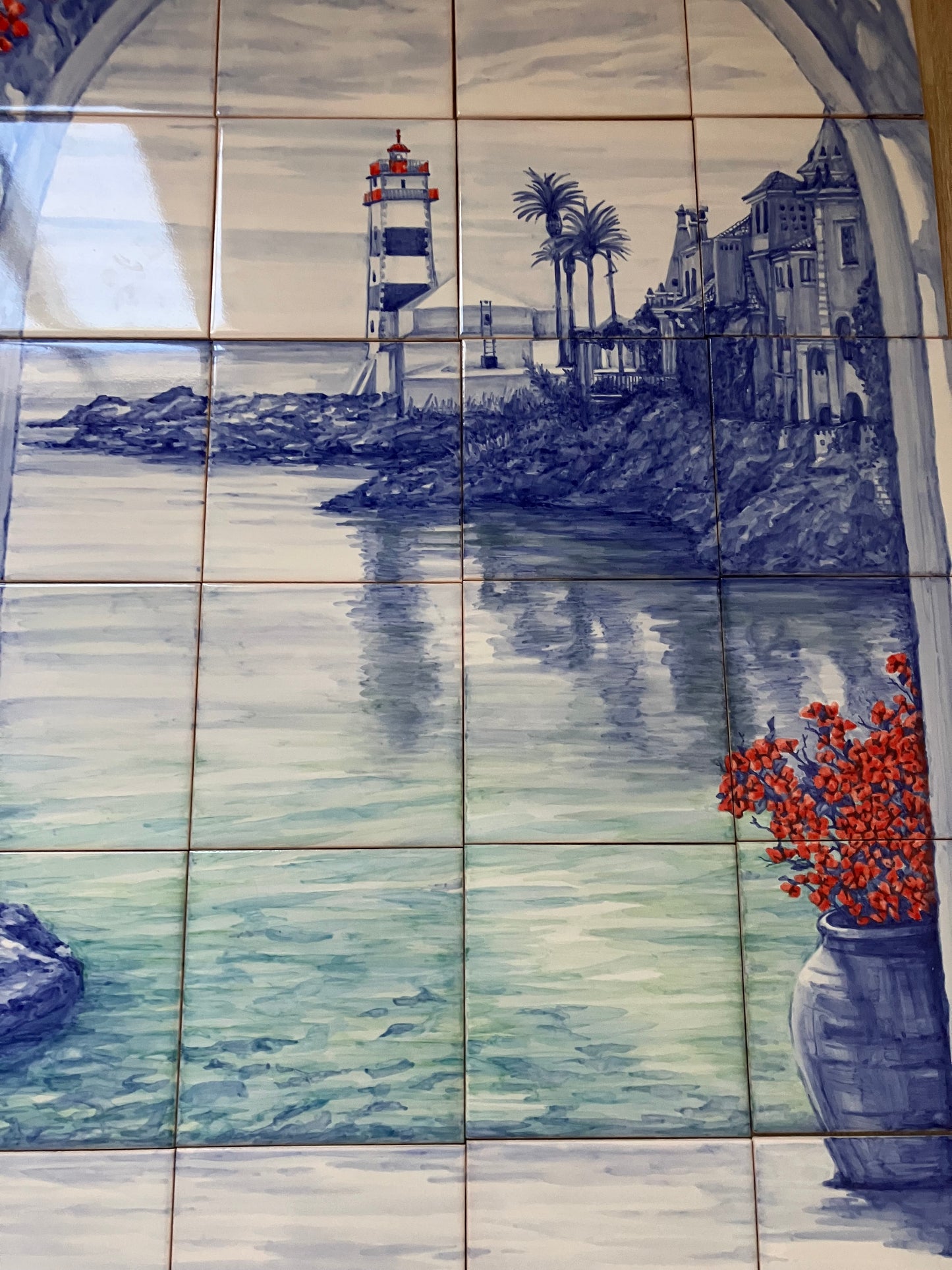 Hand painted tile mural "Farol". A Set of 28 glazed ceramic tiles. Balcony project