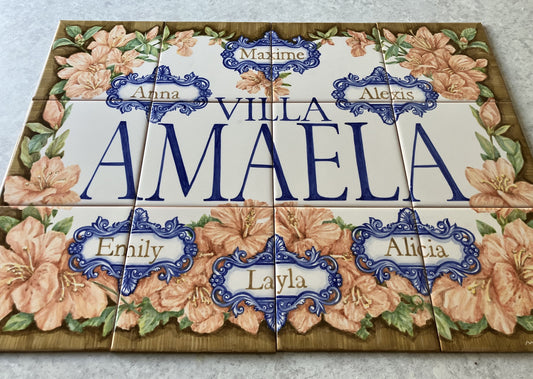 Hand painted tile mural "AMAELA". A Set of 12 glazed ceramic tiles.