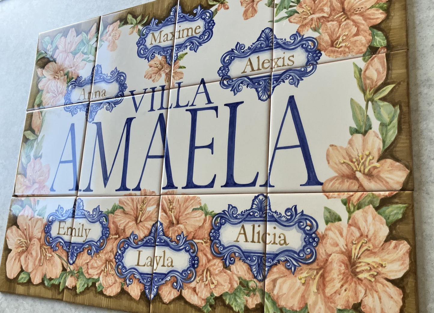 Hand painted tile mural "AMAELA". A Set of 12 glazed ceramic tiles.