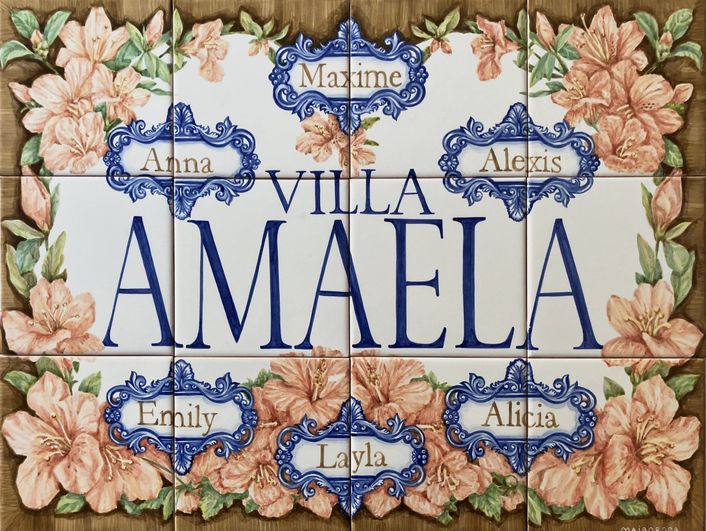 Hand painted tile mural "AMAELA". A Set of 12 glazed ceramic tiles.