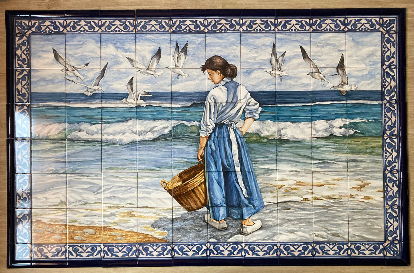 Hand painted tile mural "Lady by the sea". A Set of 104 glazed ceramic tiles.