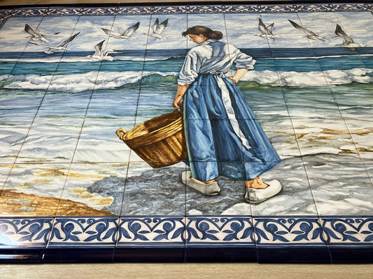 Hand painted tile mural "Lady by the sea". A Set of 104 glazed ceramic tiles.