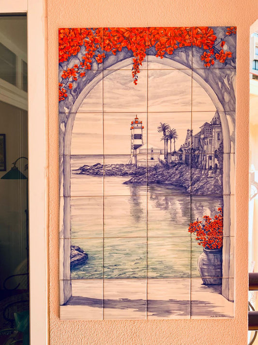 Hand painted tile mural "Farol". A Set of 28 glazed ceramic tiles. Balcony project